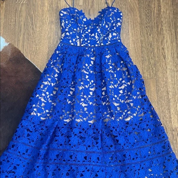 Self-Portrait Royal Blue Floral Lace Midi Dress - Picture 2 of 5